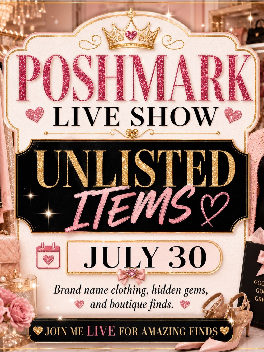 Poshmark Live Show Unlisted Items Sign - Pink & Gold Party Display